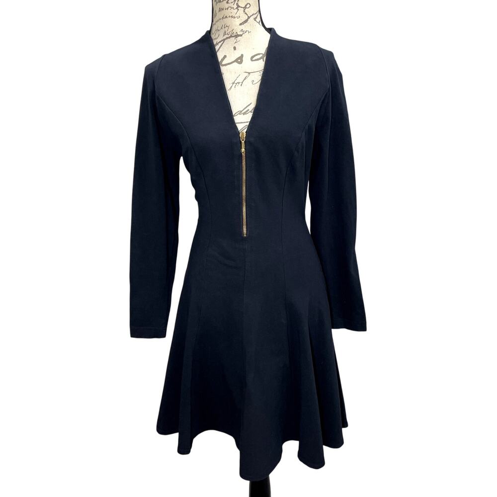 Vintage 90s Women's Tina Hagen Black Long sleeve Fit & Flare Mini Dress Gold Zip